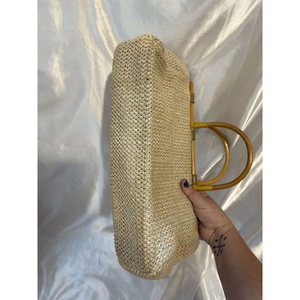 Vintage Fossil Woven Bamboo Wooden Handle Boho style Satchel Purse no strap - Picture 7 of 7